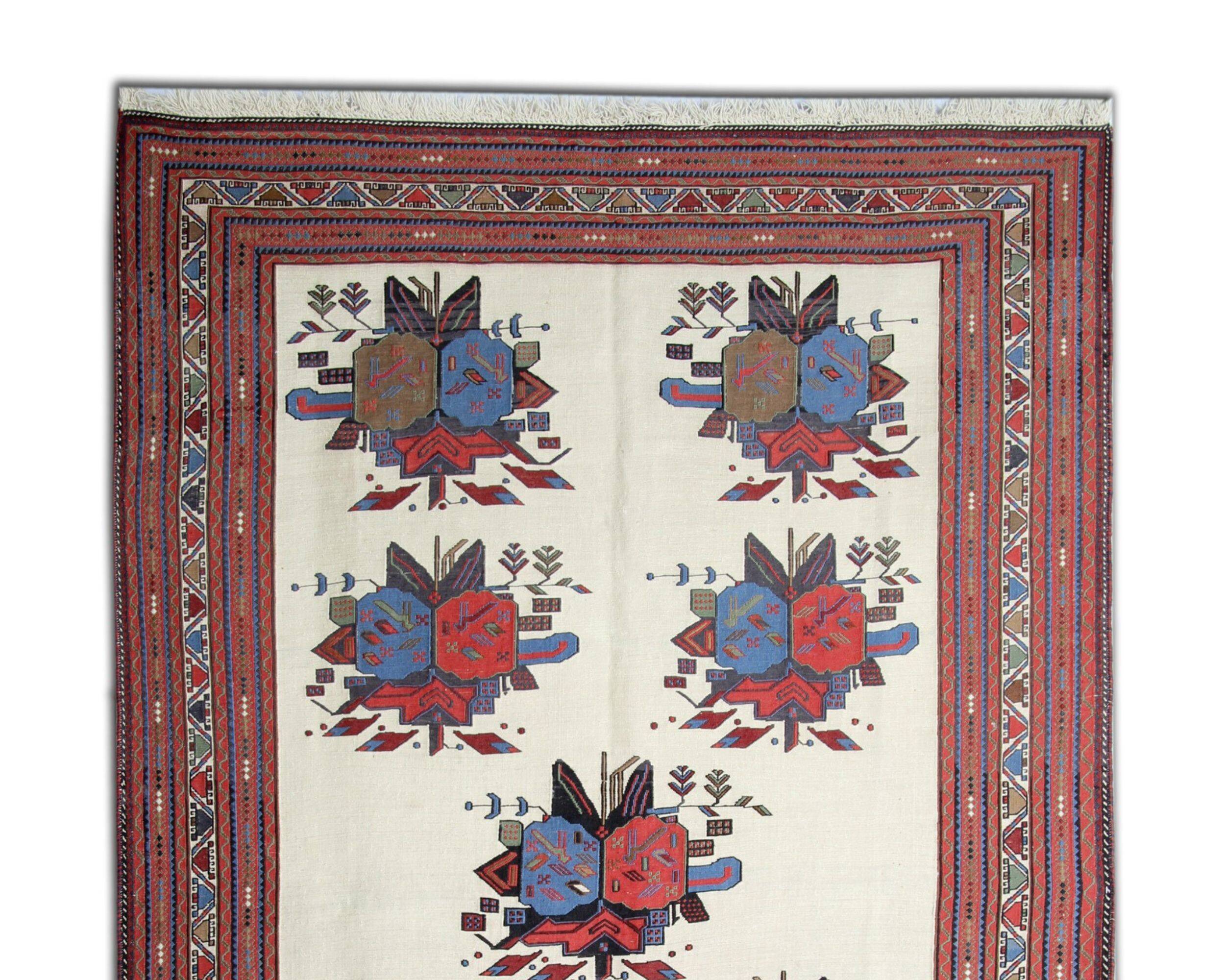 Afshar Sumakh Kilim Rug Cream Floral Design Handmade Wool 212x120cm
