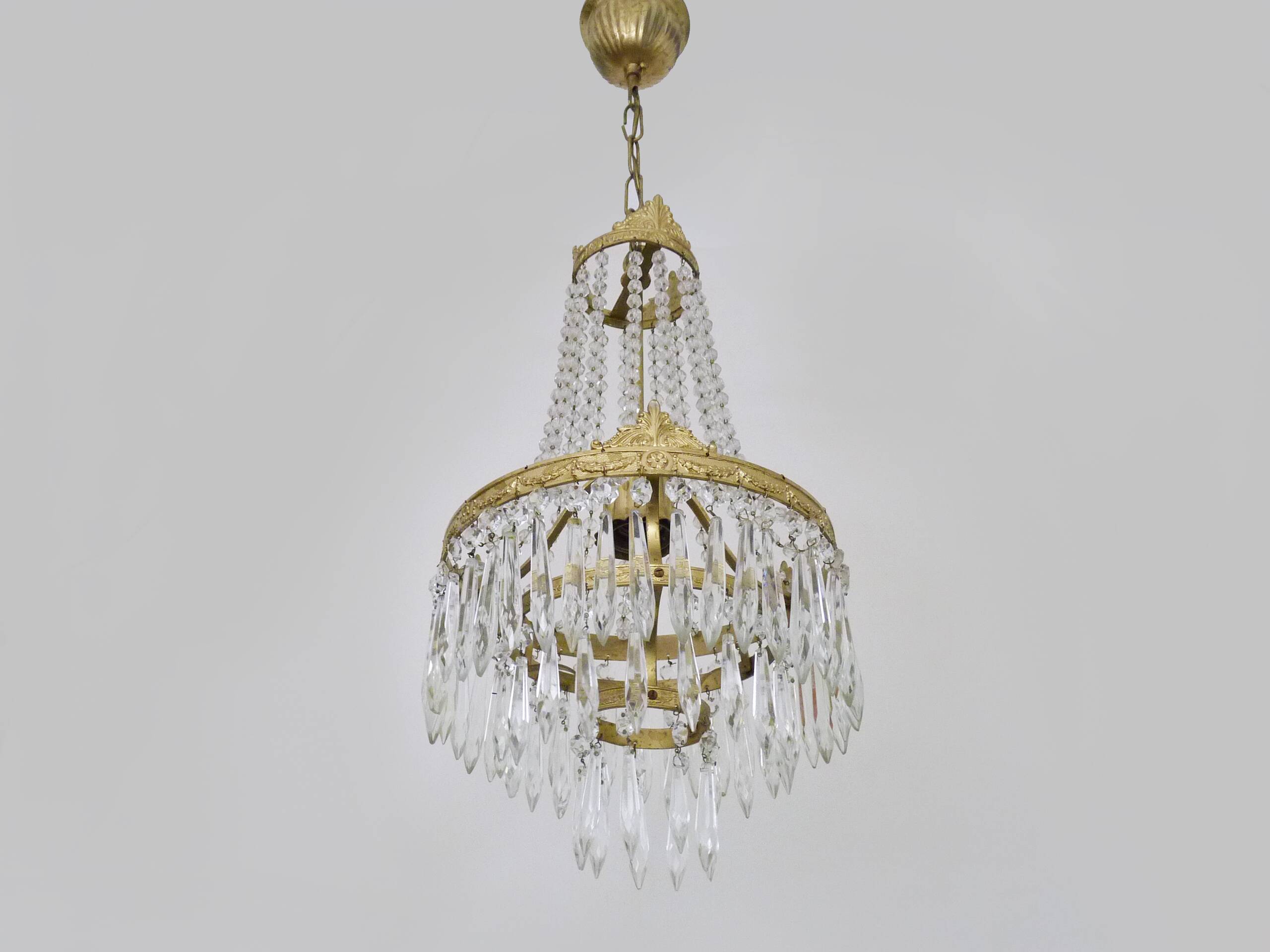 Vintage three-tiered balloon chandelier, glass pendants. 1970s.