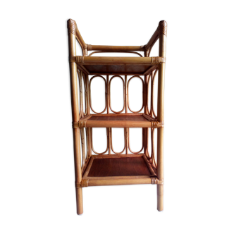 Selette étagère sur pieds en bois et rotin vintage