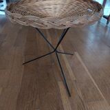 vintage wicker gueridon with a black metal tripod base from the 1960s