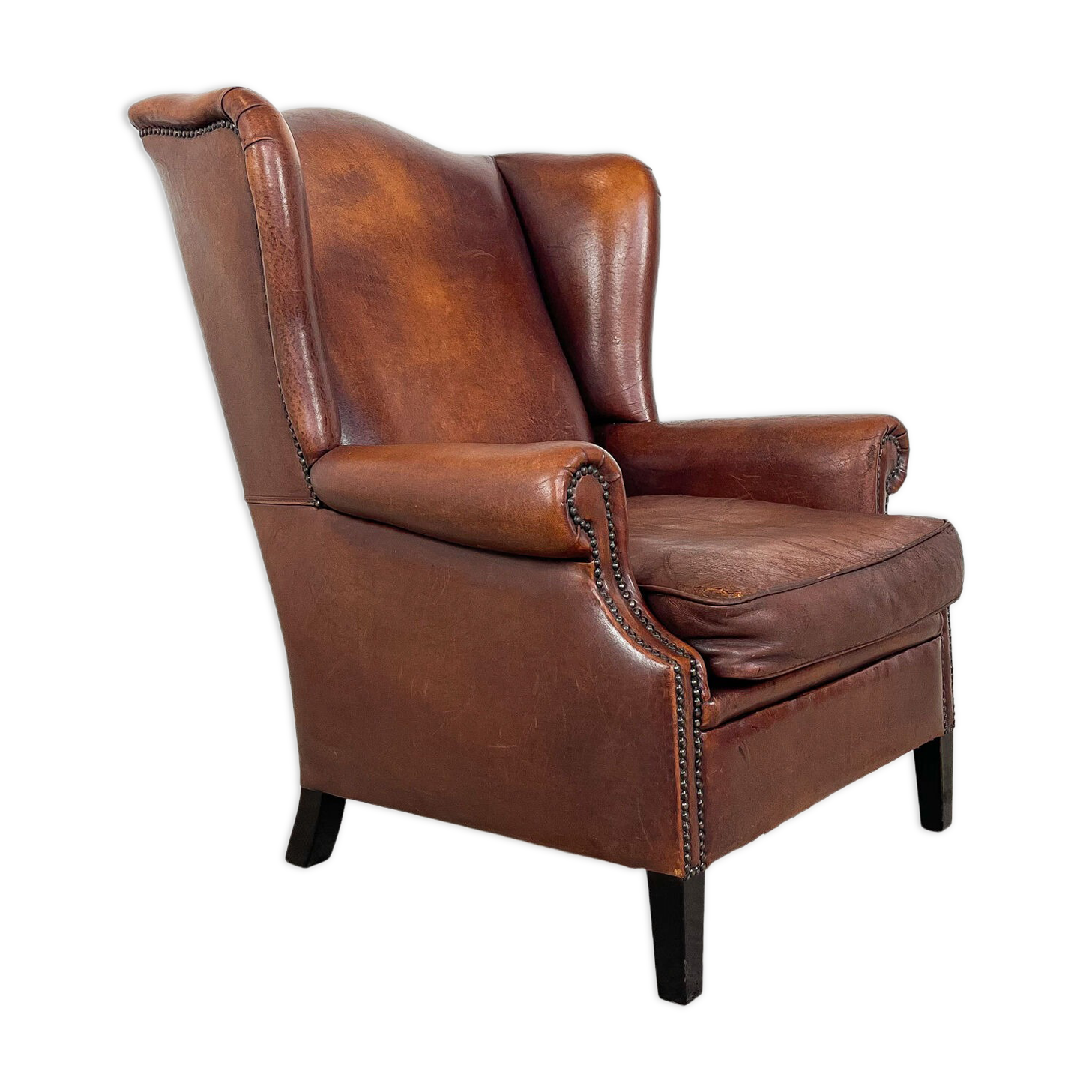 Vintage sheep leather wingback armchair, Druten