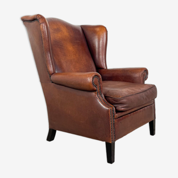 Vintage sheep leather wingback armchair, Druten