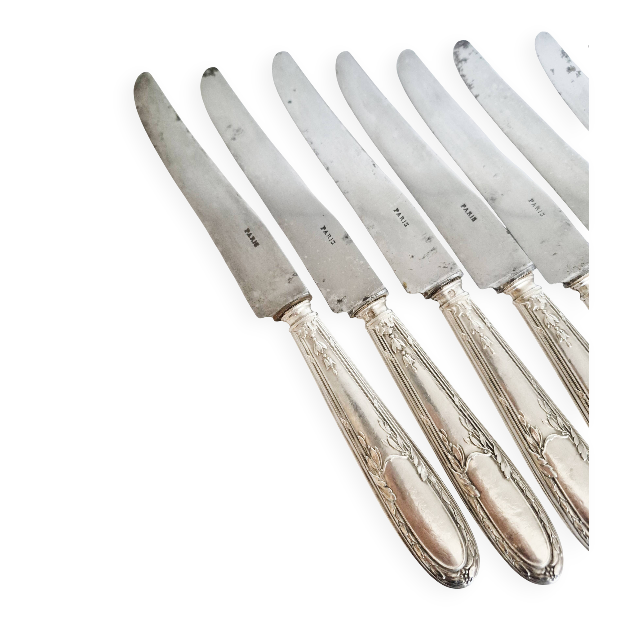 Set of 11 vintage knives, steel blades and silver handles