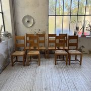 Set of 8 blond oak chairs with straw seats
