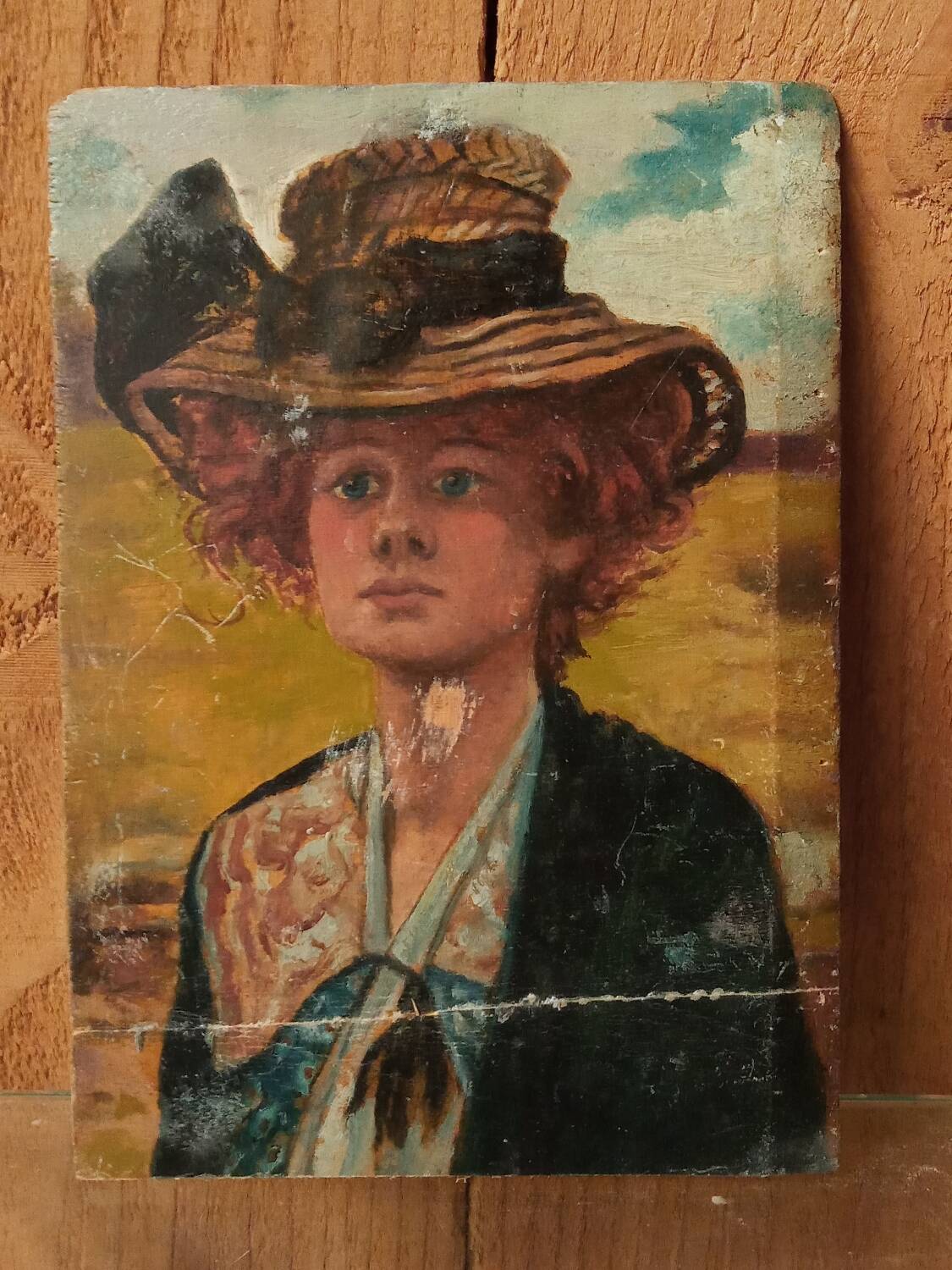 Portrait enfant et chat sur panneau de bois