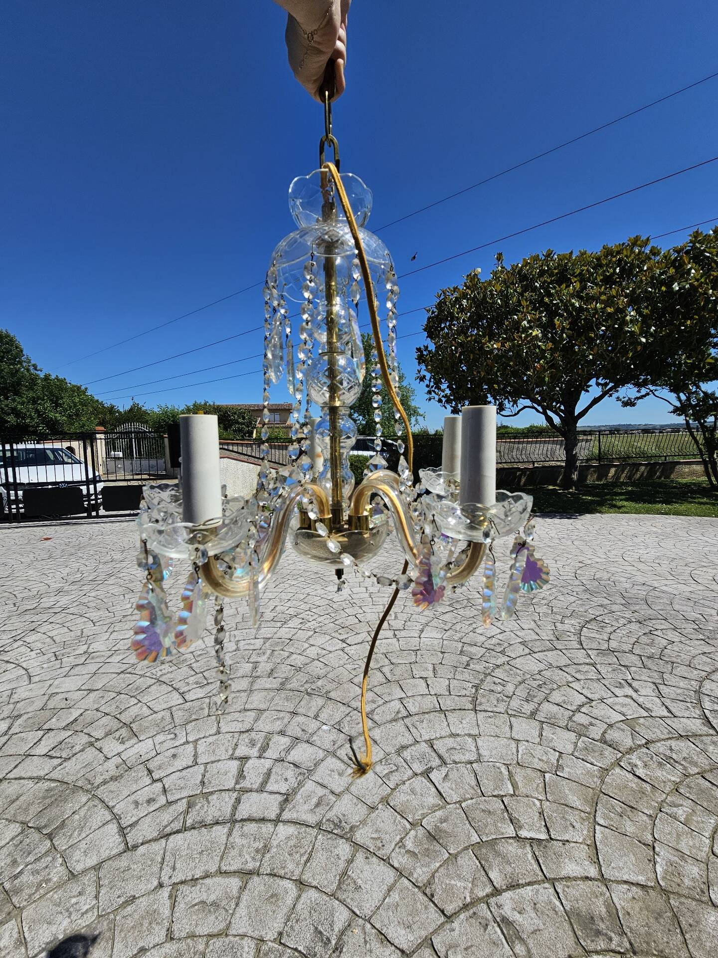 Antique chandelier with glass and crystal pendants, 5 lights, Venetian style.