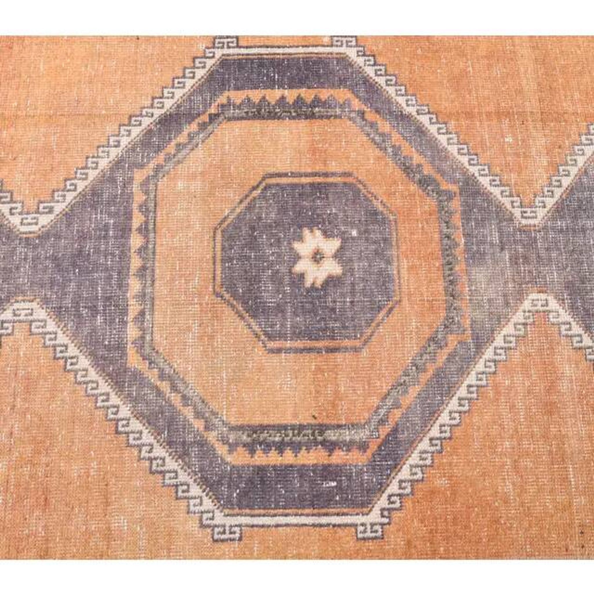 2'9x11'4 vintage orange geometric Turkish hand-knotted runner rug 87x348