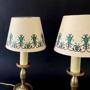 Pair of brass lamps, new 2M fabric cables, paper lampshades