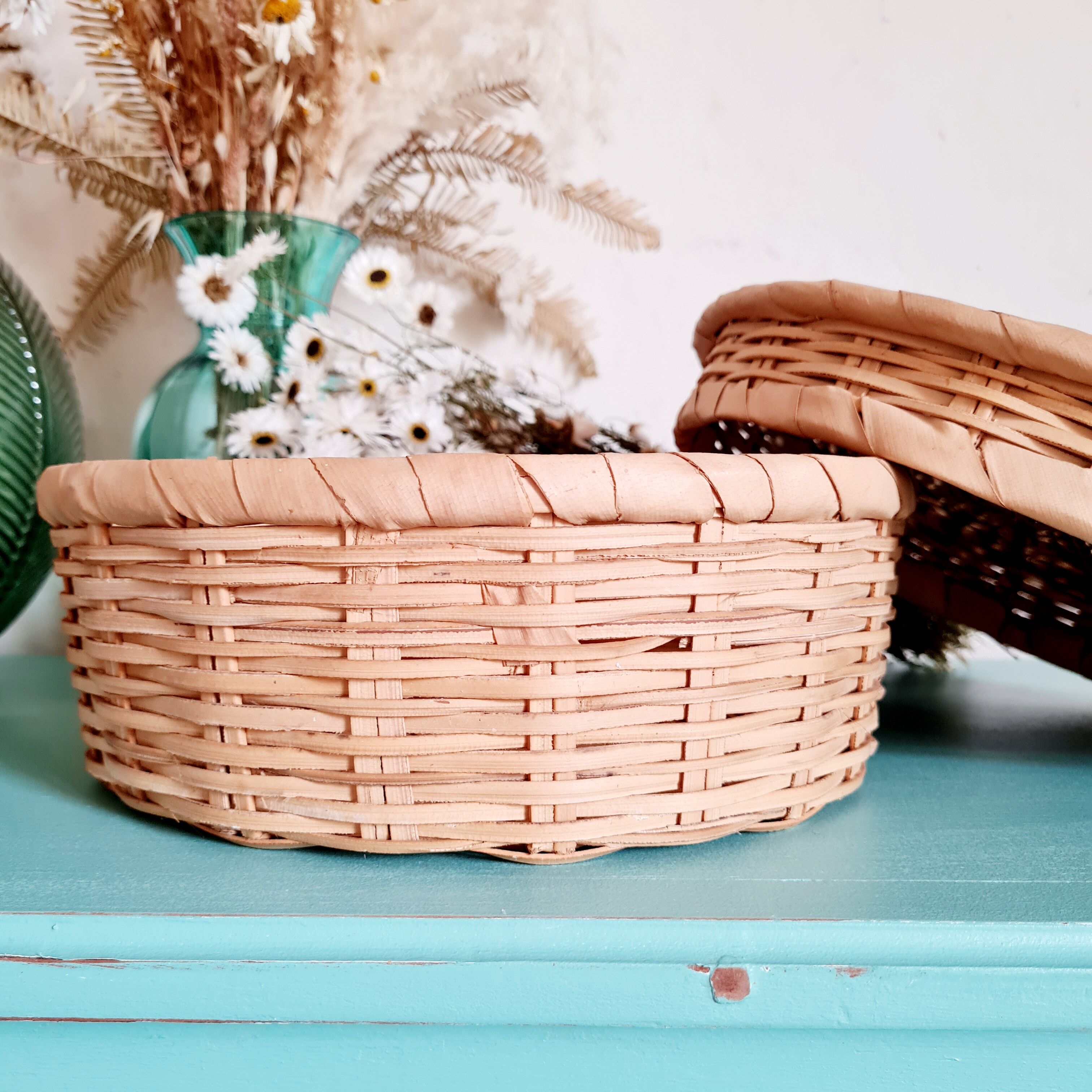 Rattan basket with vintage lid