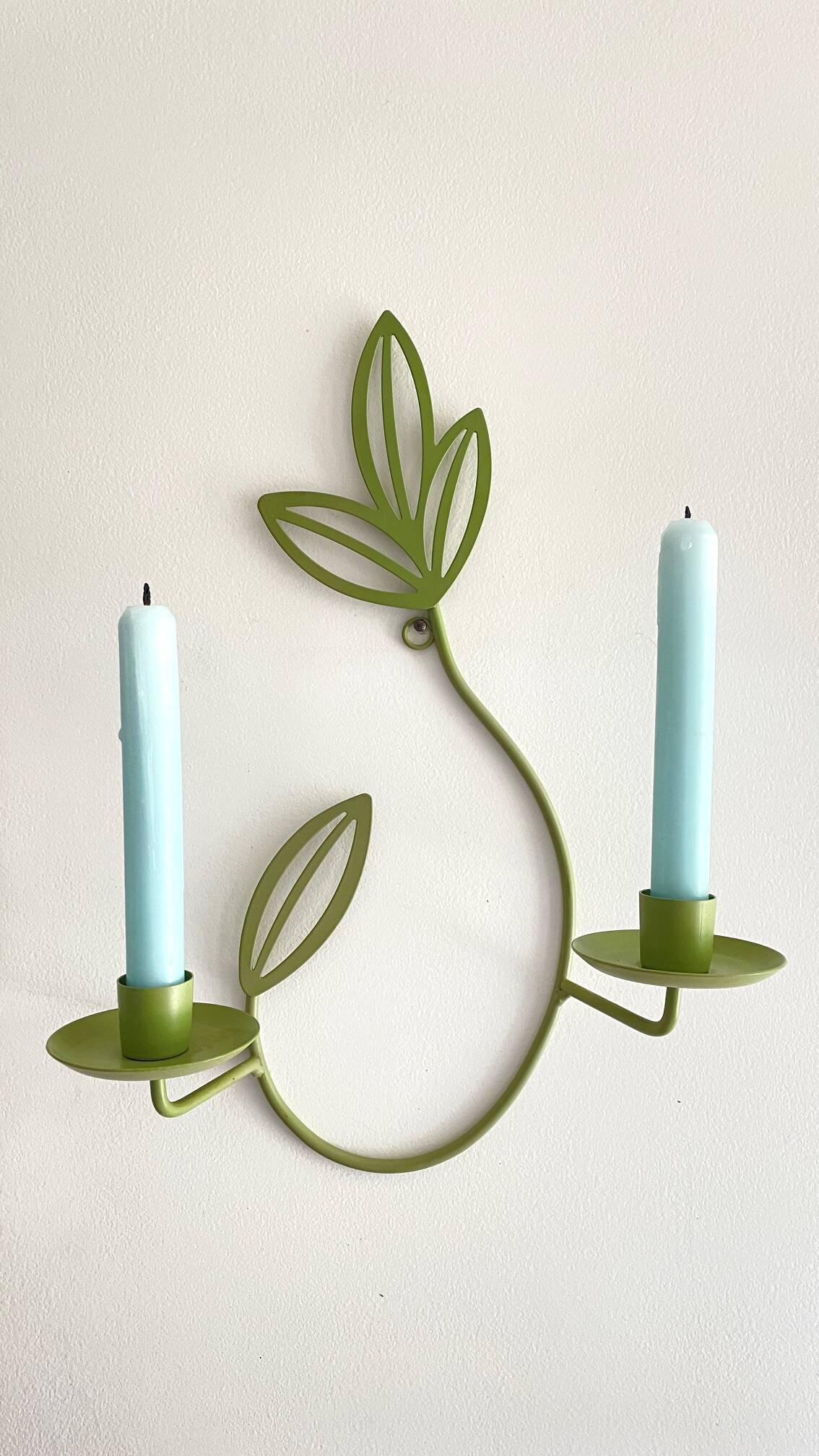 Wall Candle Holder, Green Metal Leaves