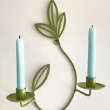 Wall Candle Holder, Green Metal Leaves