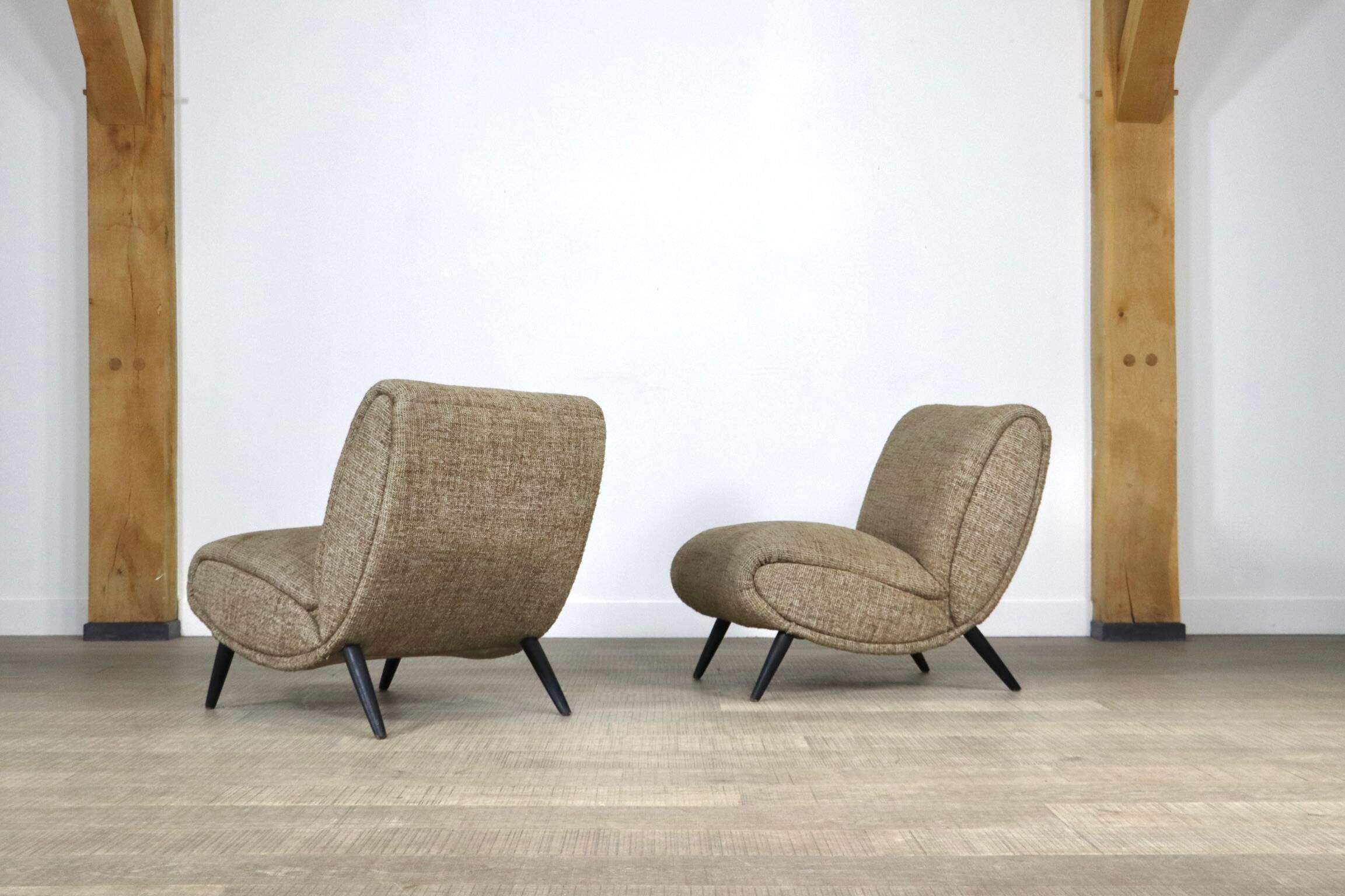 Pair Of Norman Bel Geddes Armchairs In Birch Wood & Original Wool Fabric, 1950s