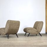 Pair Of Norman Bel Geddes Armchairs In Birch Wood & Original Wool Fabric, 1950s