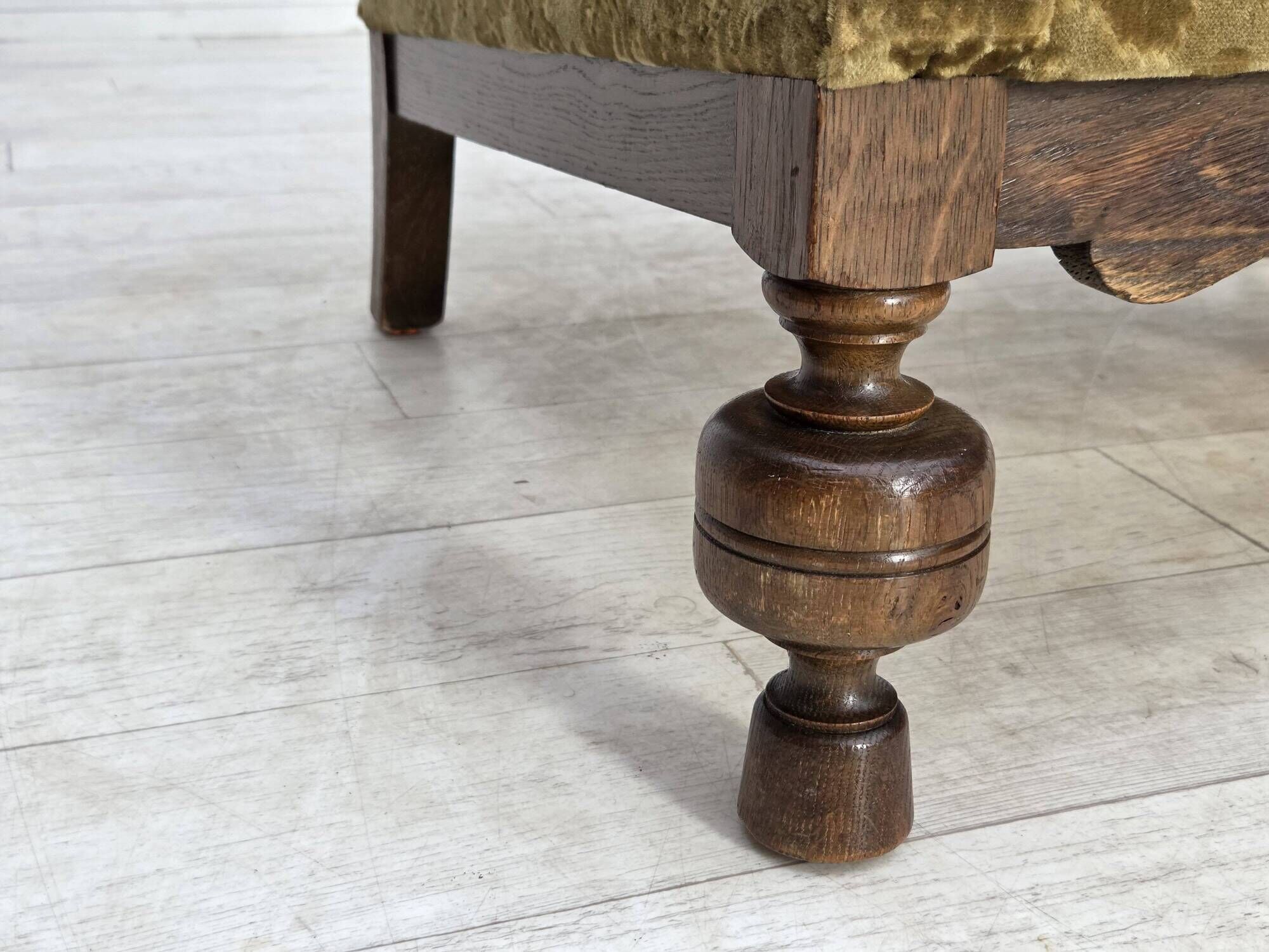 1960s, Danish armchair, furniture velour, carved oak wood.