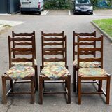 6 chaises bois massif chêne foncé et tissu fleurs
