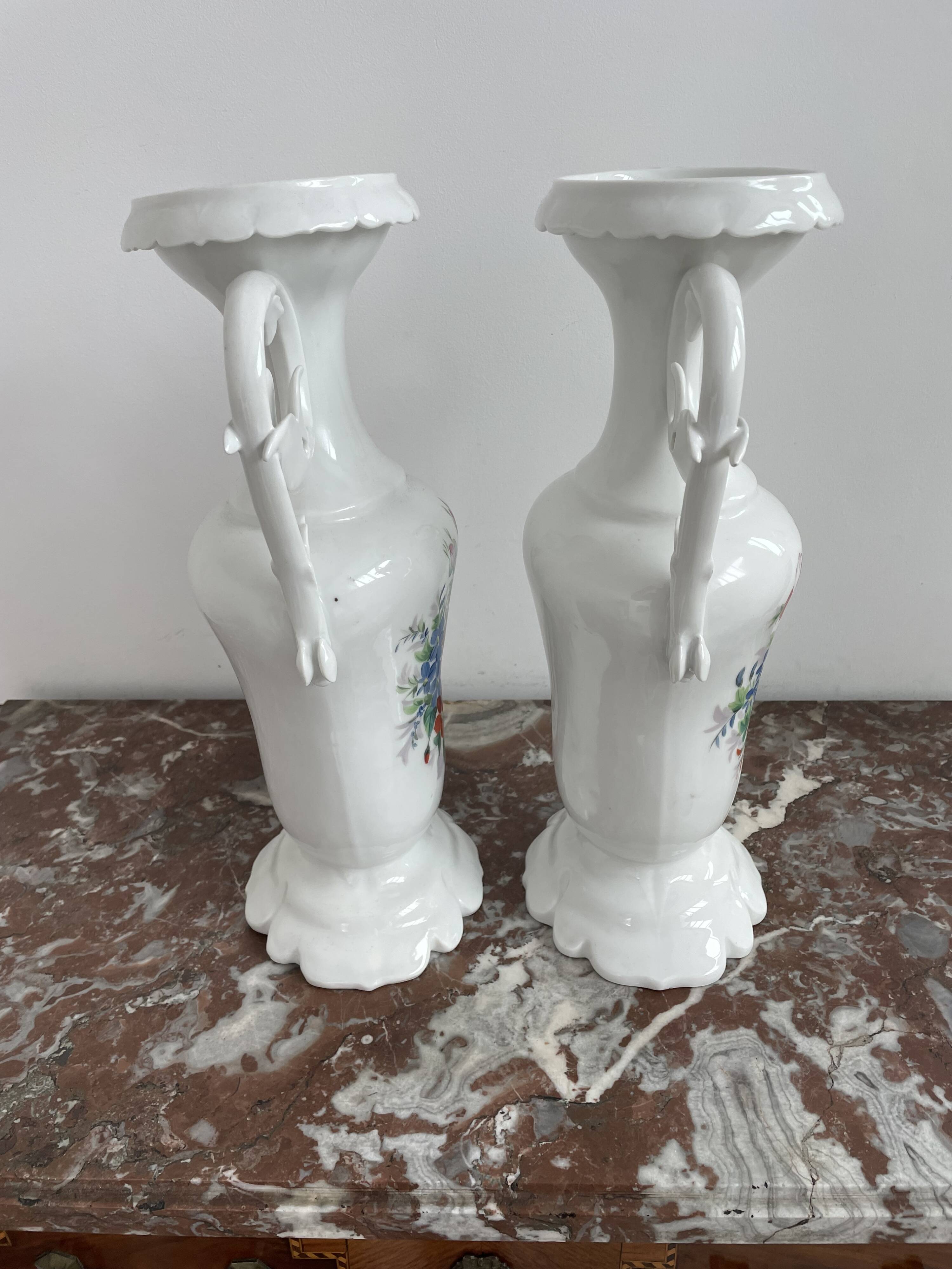 Pair of large 19th century church vases in painted white Paris porcelain