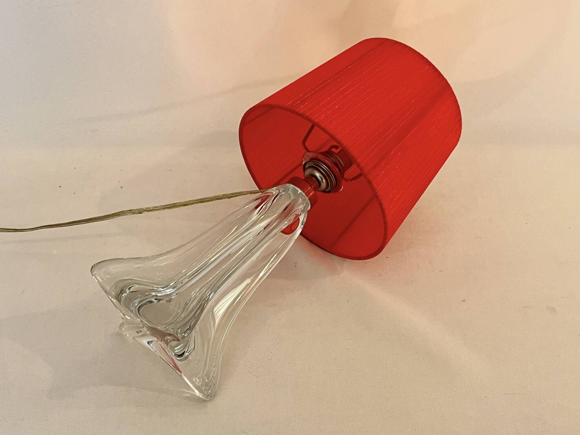 Vintage crystal lamp base with red pleated organza ribbon shade 1940