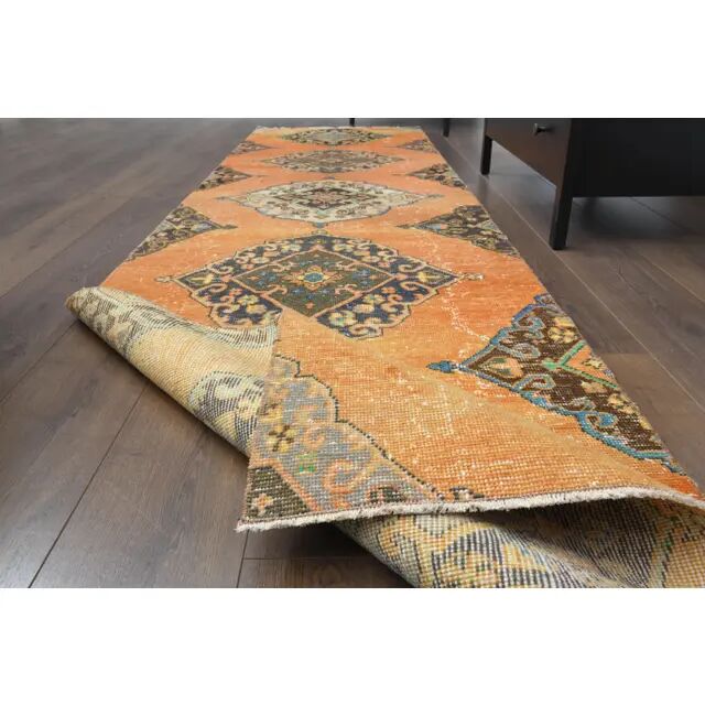 1970s Vintage Turkish Hand-Knotted Wool Cotton Orange Runner Rug 88x337