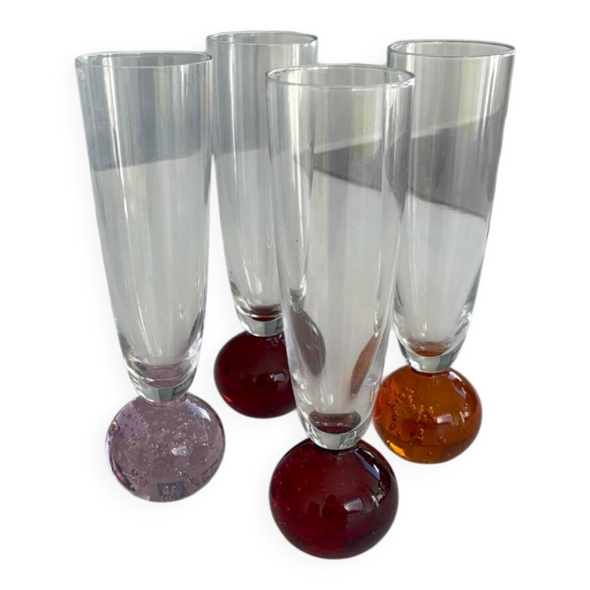 Set of 4 vintage champagne flutes – coloured ball foot – blown glass