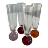 Set of 4 vintage champagne flutes – coloured ball foot – blown glass