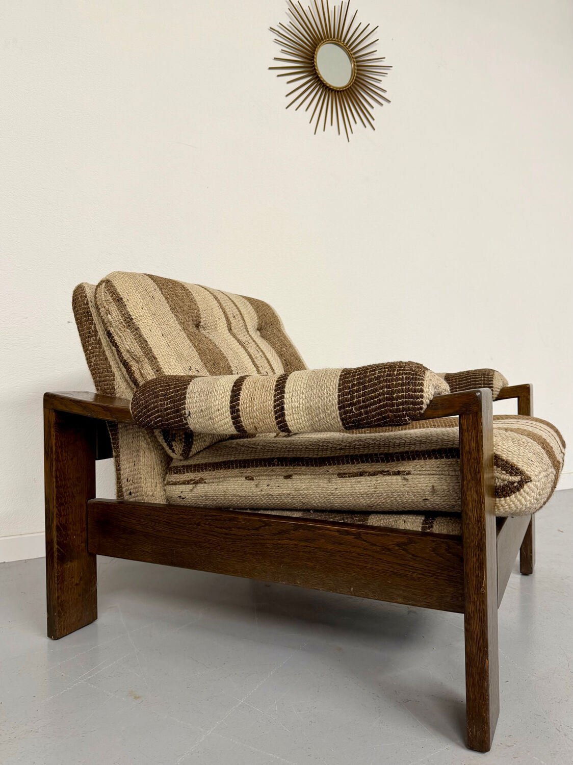 2 vintage 1970s wooden and fabric armchairs