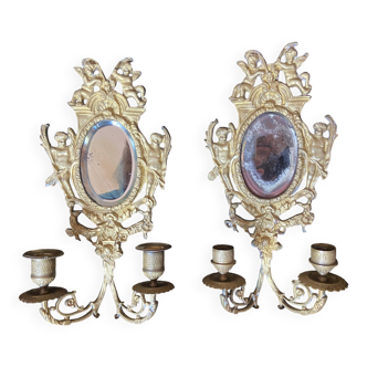 Pair of Louis 16 Napoleon style bronze mirror candlesticks