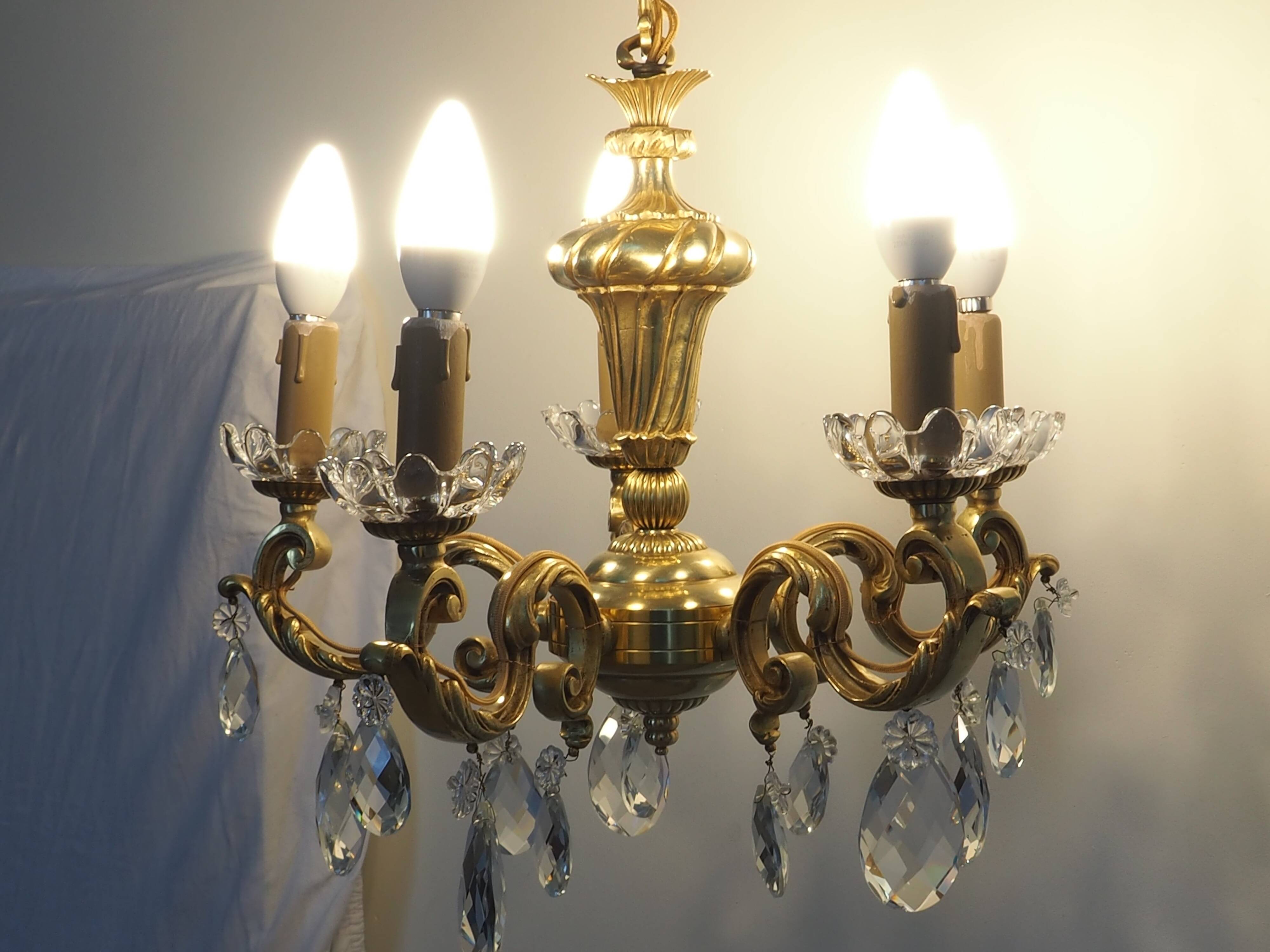 Solid bronze chandelier with crystal pendants and candle holders - Lucien GAU