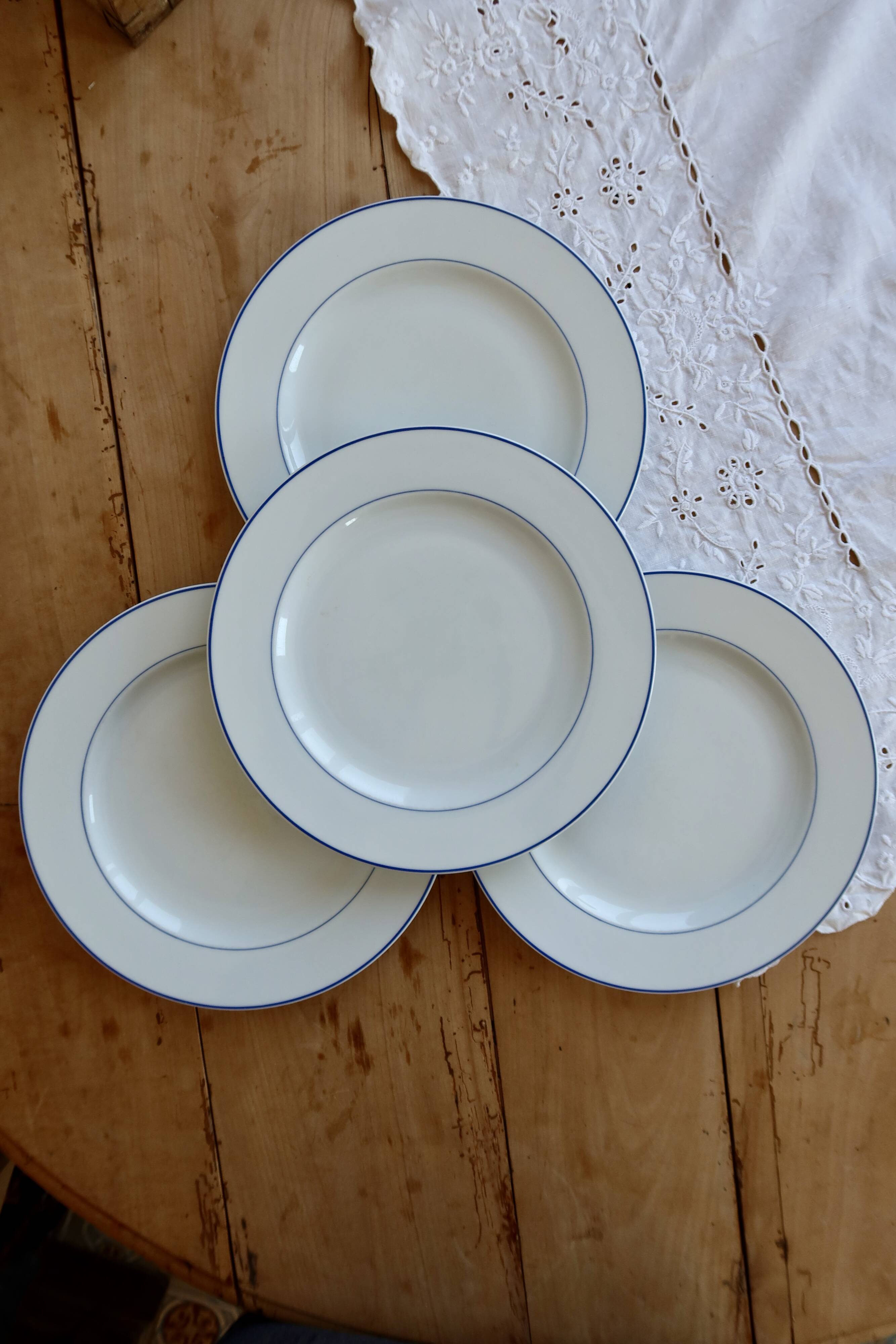4 vintage porcelain dessert plates - Double blue borders - Bistro style