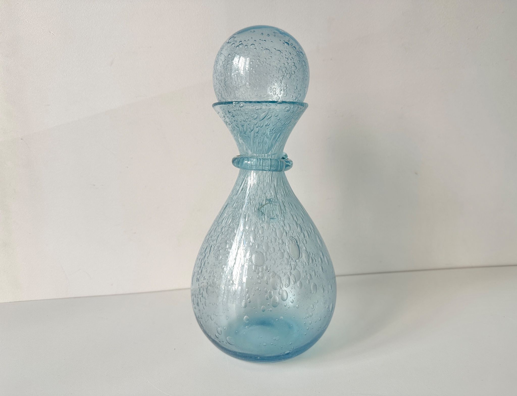 Vintage 1960s blue bubble glass BIOT carafe