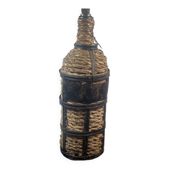 Dame-Jeanne large vintage bottle, in metal and straw - H 45 cm