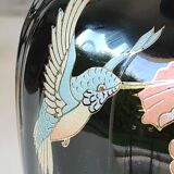 Asian baluster vase, with undulations. ceramic. floral motifs, exotic bird. exclusive décor. high 26 cm