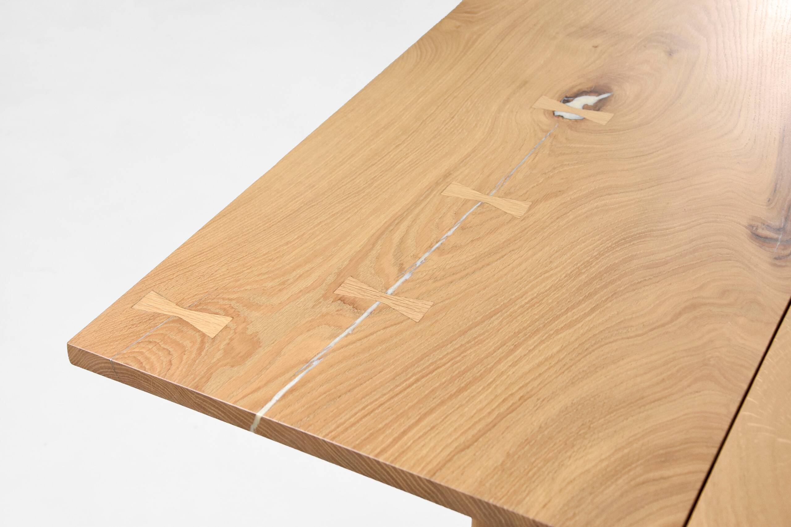 Solid oak dining table, seats 8 people.