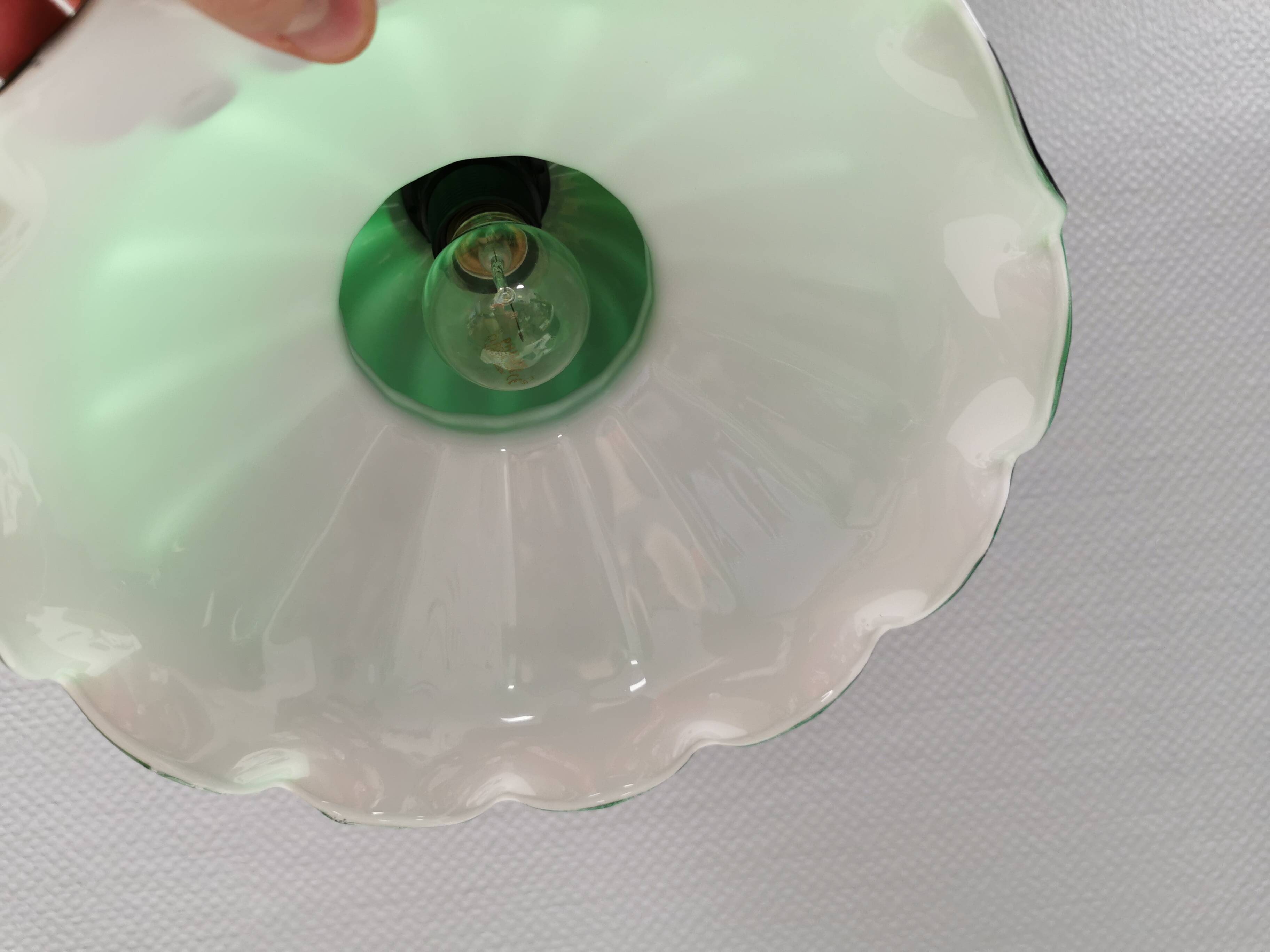 green hanging lamp in double layer glass (white inside) with wooden top and safety chain,