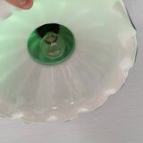 green hanging lamp in double layer glass (white inside) with wooden top and safety chain,