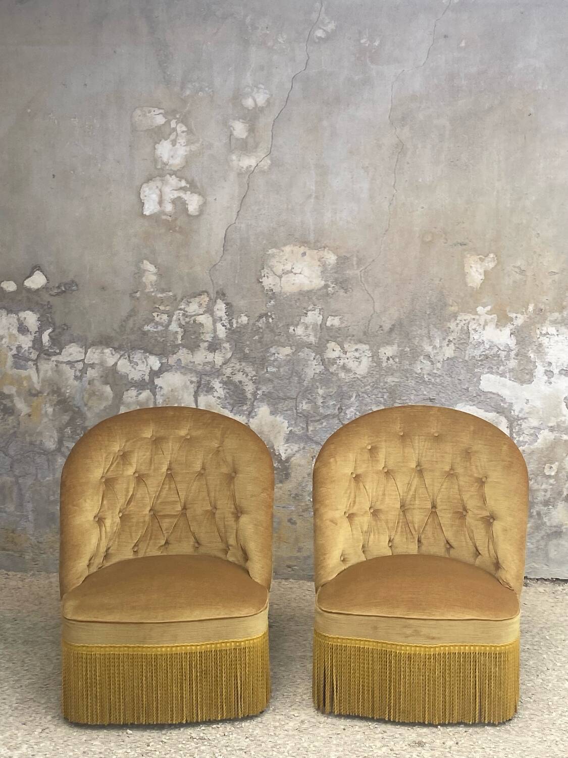 Pair of vintage toad armchairs in golden yellow velvet
