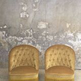 Pair of vintage toad armchairs in golden yellow velvet