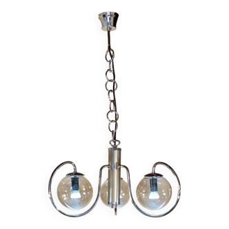 Designer chandelier in chrome metal 3 globes in smoked glass vintage 1970