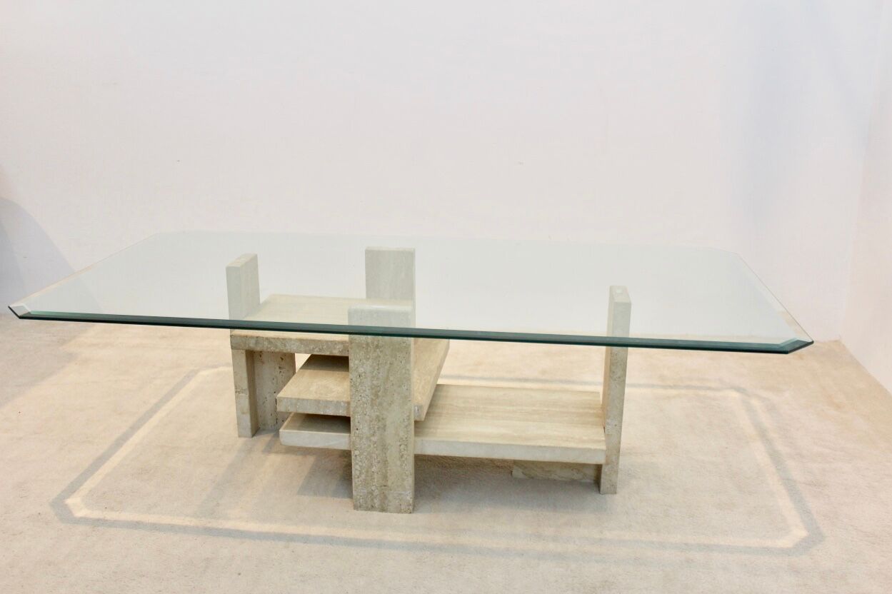 Willy Ballez travertine and cubist glass sculptural coffee table