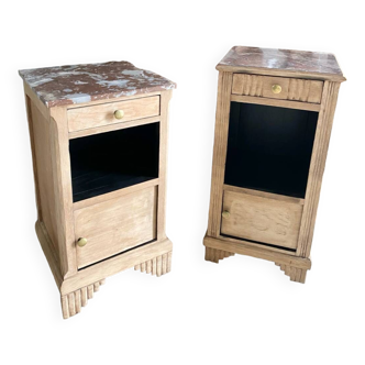 Set of two bedside tables in solid oak and marble