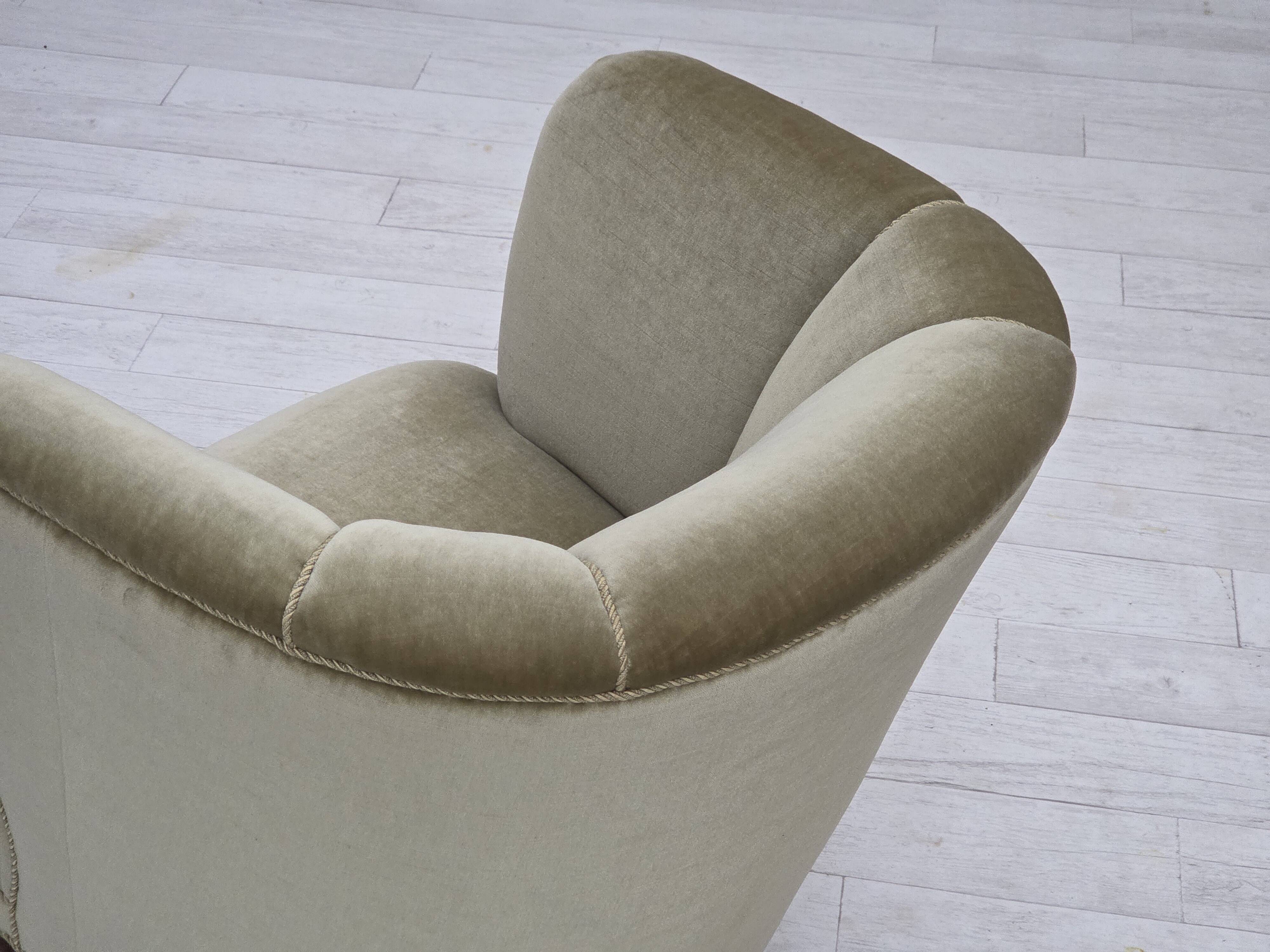 1970s, Danish armchair, original green furniture velour, oak wood.