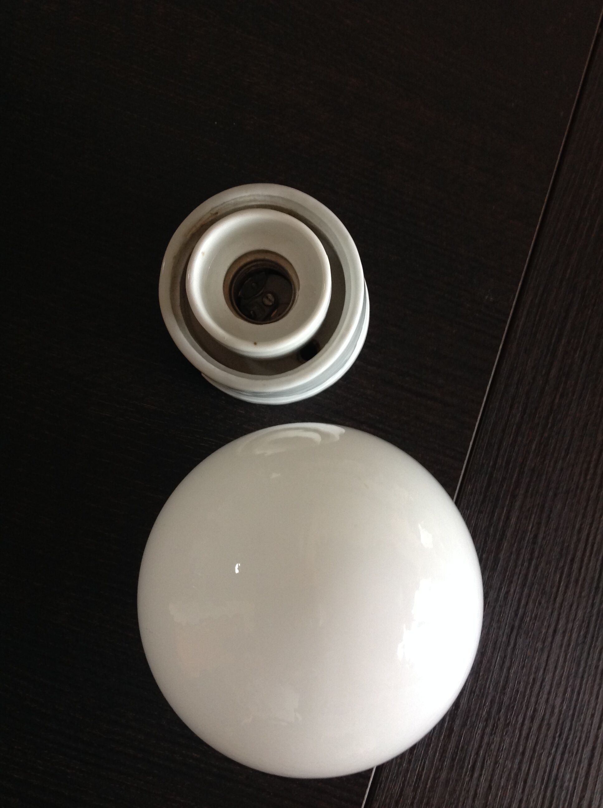 Vintage globe wall lamp in white opaline with white ceramic base