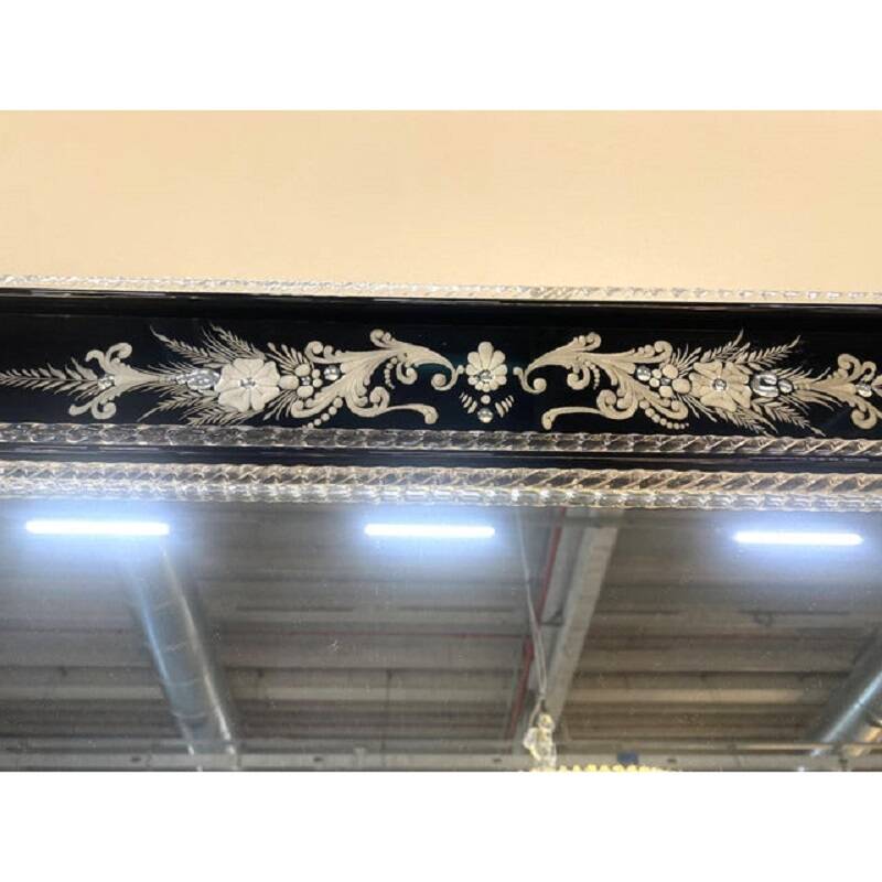 21st Century Venetian Black Floreal Hand-Carving Wall Mirror in Murano Glass