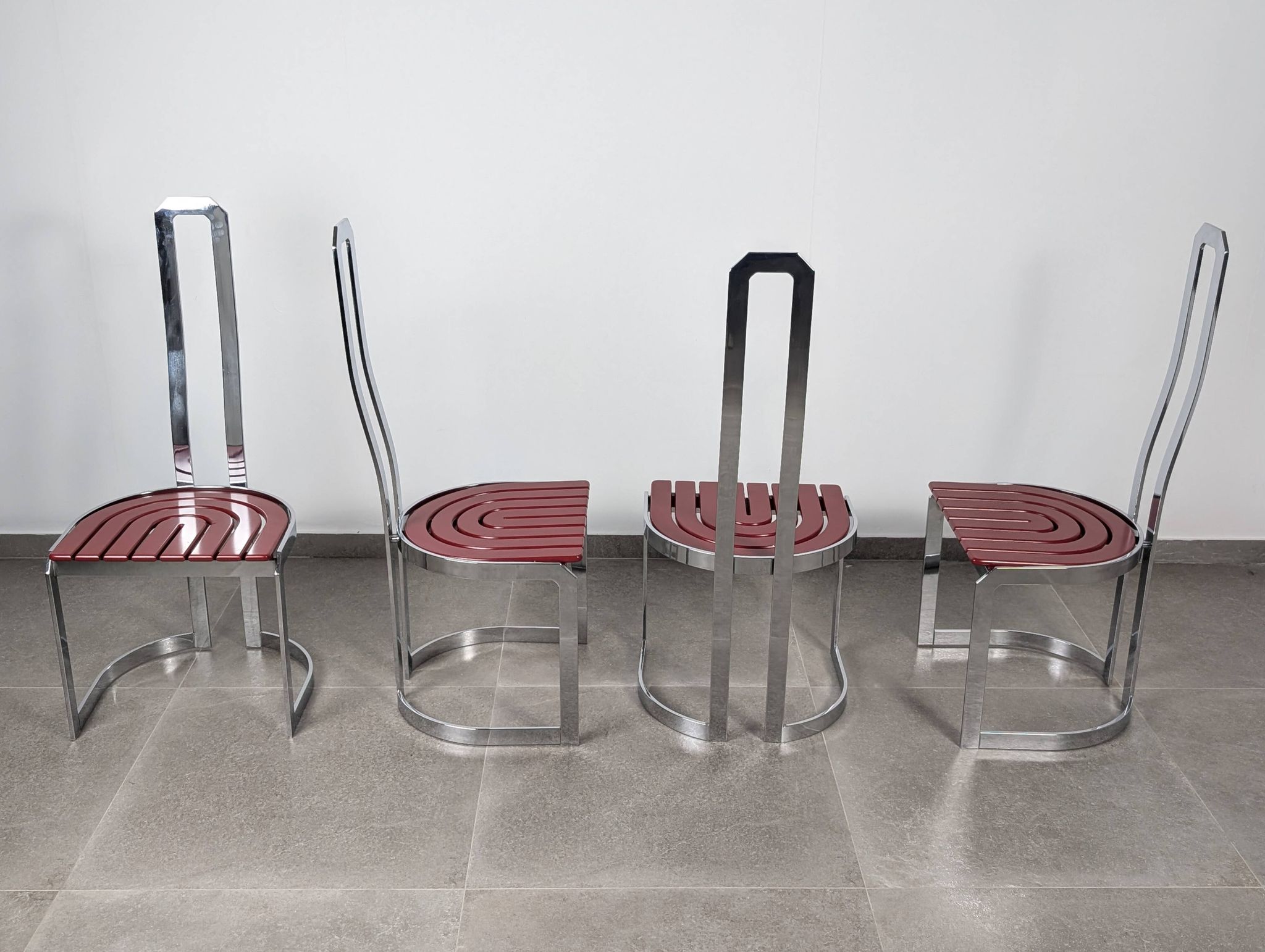Postmodern chairs in chromed steel and red wood, set of 4, 1980s