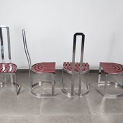 Postmodern chairs in chromed steel and red wood, set of 4, 1980s