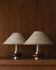 Lot of 2 vintage table lamps from the 1970s, dark wood oval bases with curved brass details, handmade natural fibre lampshades, elegant lighting.
