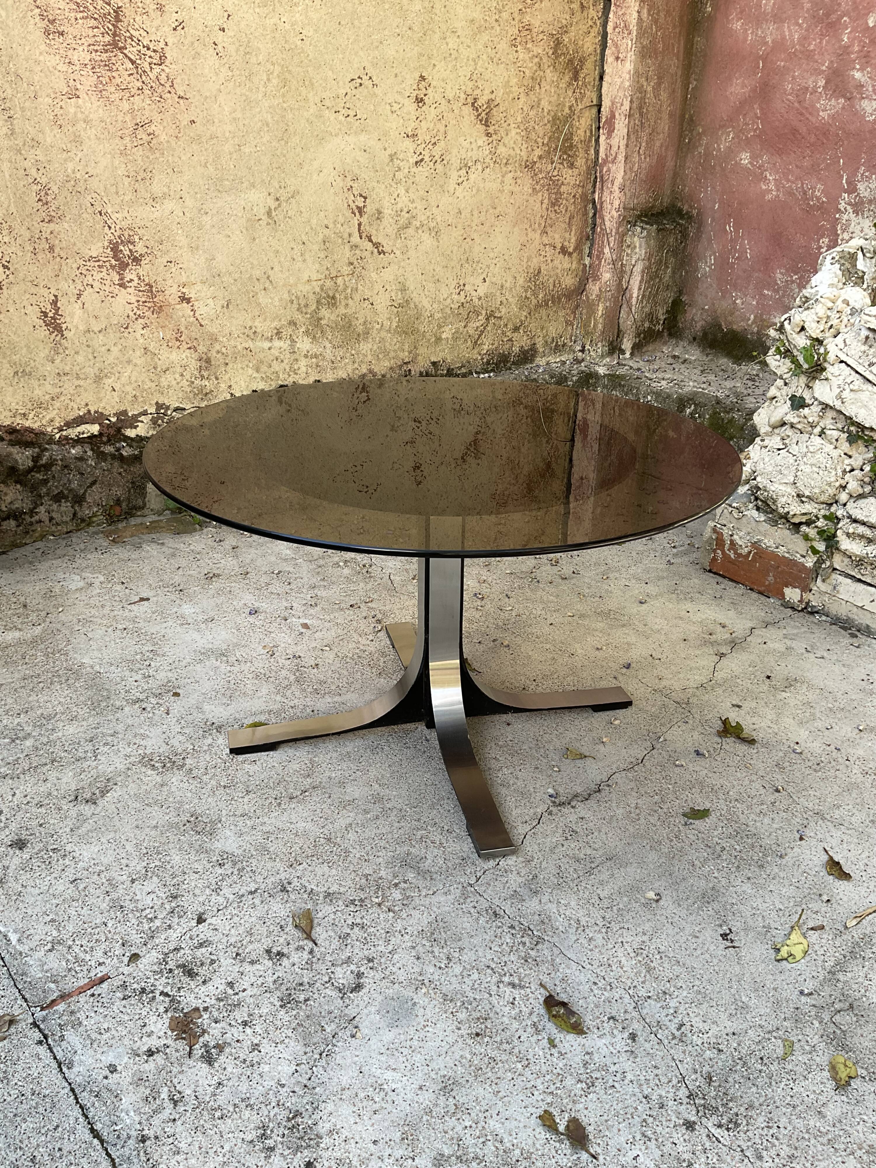 Adjustable coffee table in smoked glass, steel and stainless steel from the 70s