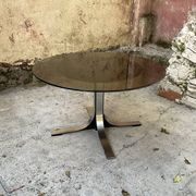Adjustable coffee table in smoked glass, steel and stainless steel from the 70s