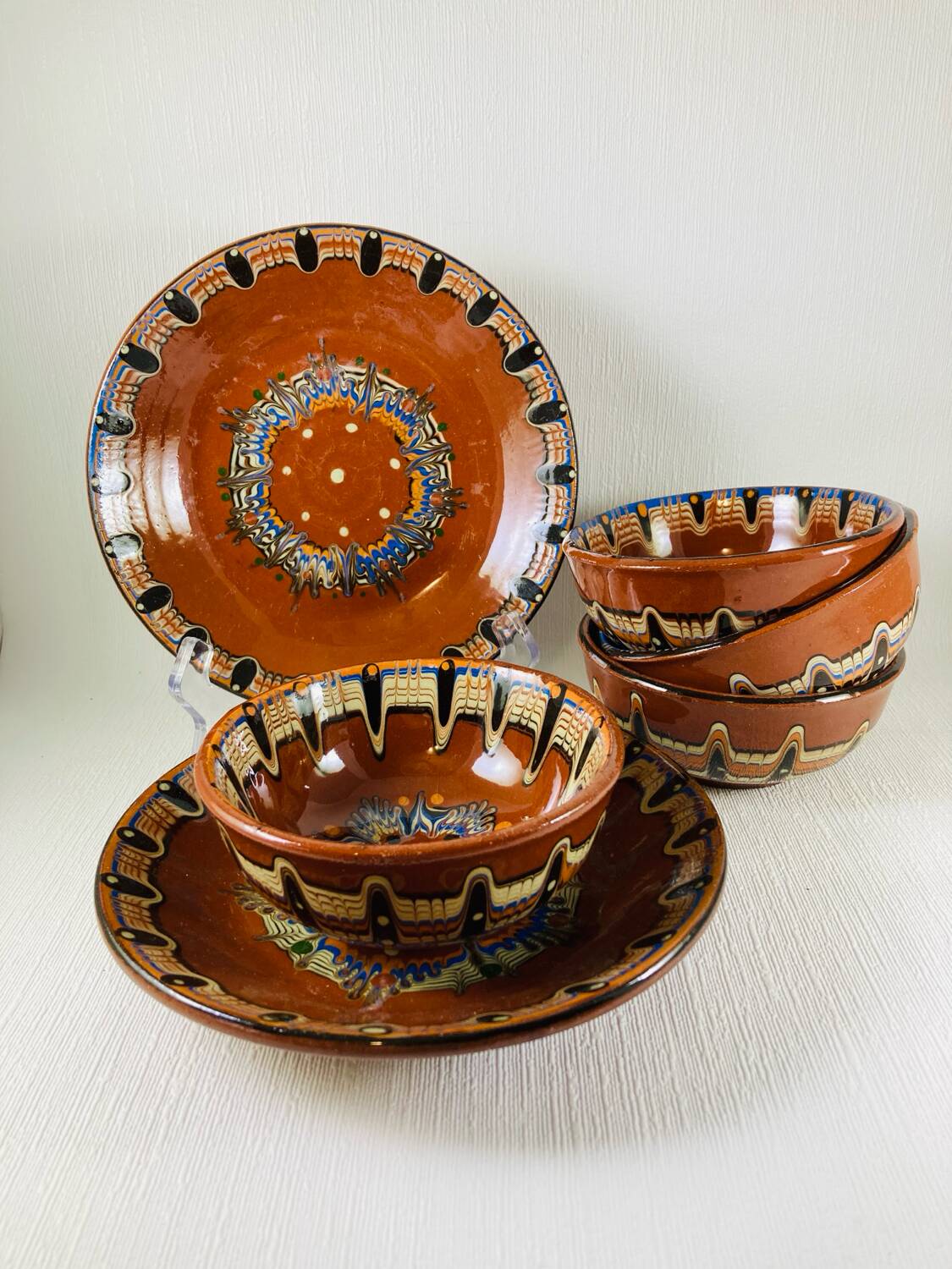 4 bowls + 2 saucers glazed terracotta Bulgarian Monastery of Troyan