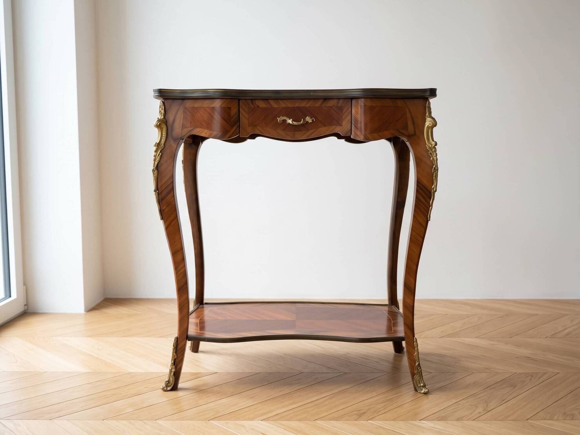 Louis XV console table with marquetry and bronze fittings.