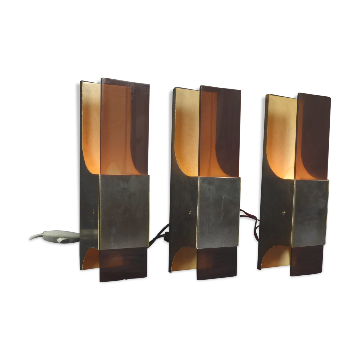 3 appliques Raak en acier inox brossé et plexiglas, 1970's